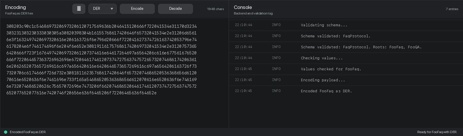 ASN1 encoding tools showing encoded bytes and decoded payload structure.