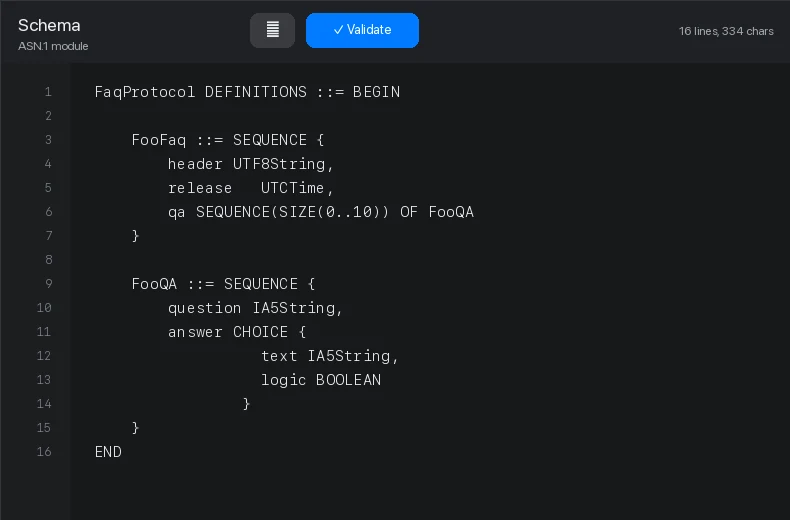 ASN1 schema editor showing ASN.1 module diagnostics and symbol navigation.