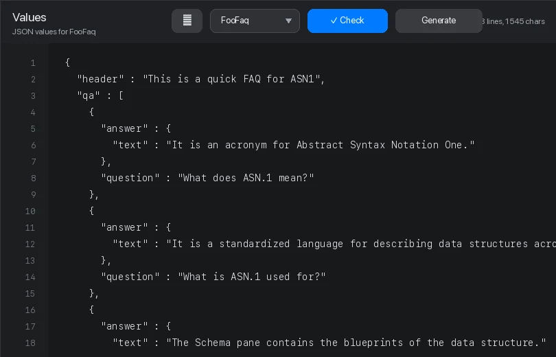 ASN1 value checker showing structured input validation for an ASN.1 schema.