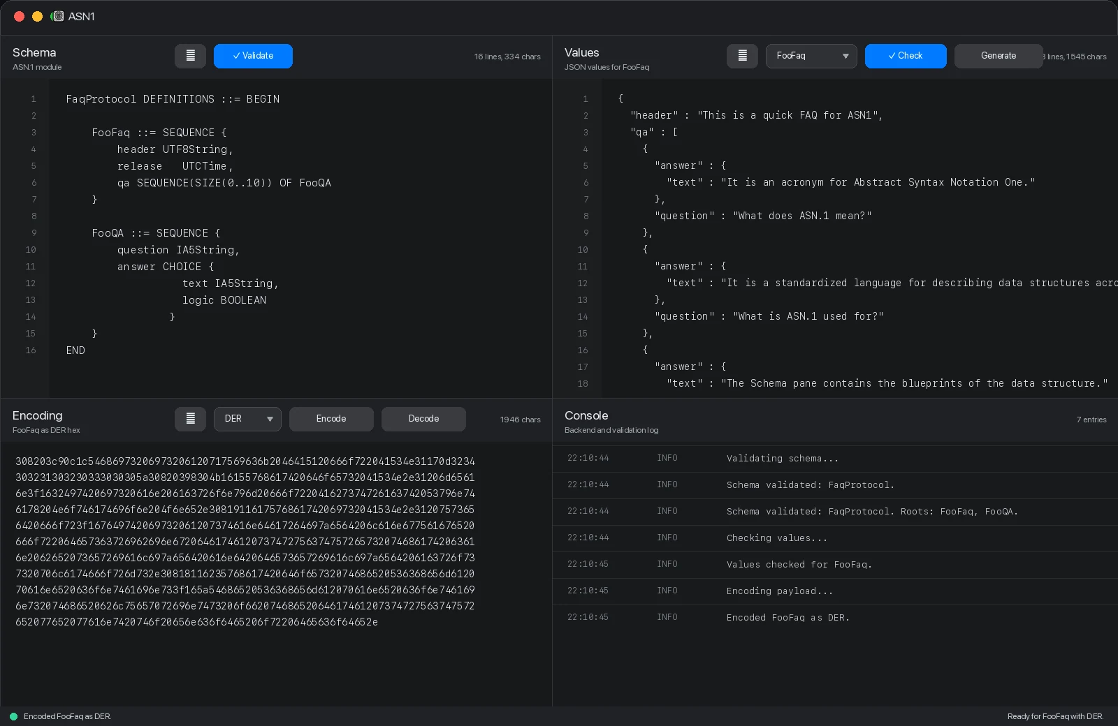 ASN1 workspace showing schema validation, value checking, and encoded payload inspection in a focused Mac app.