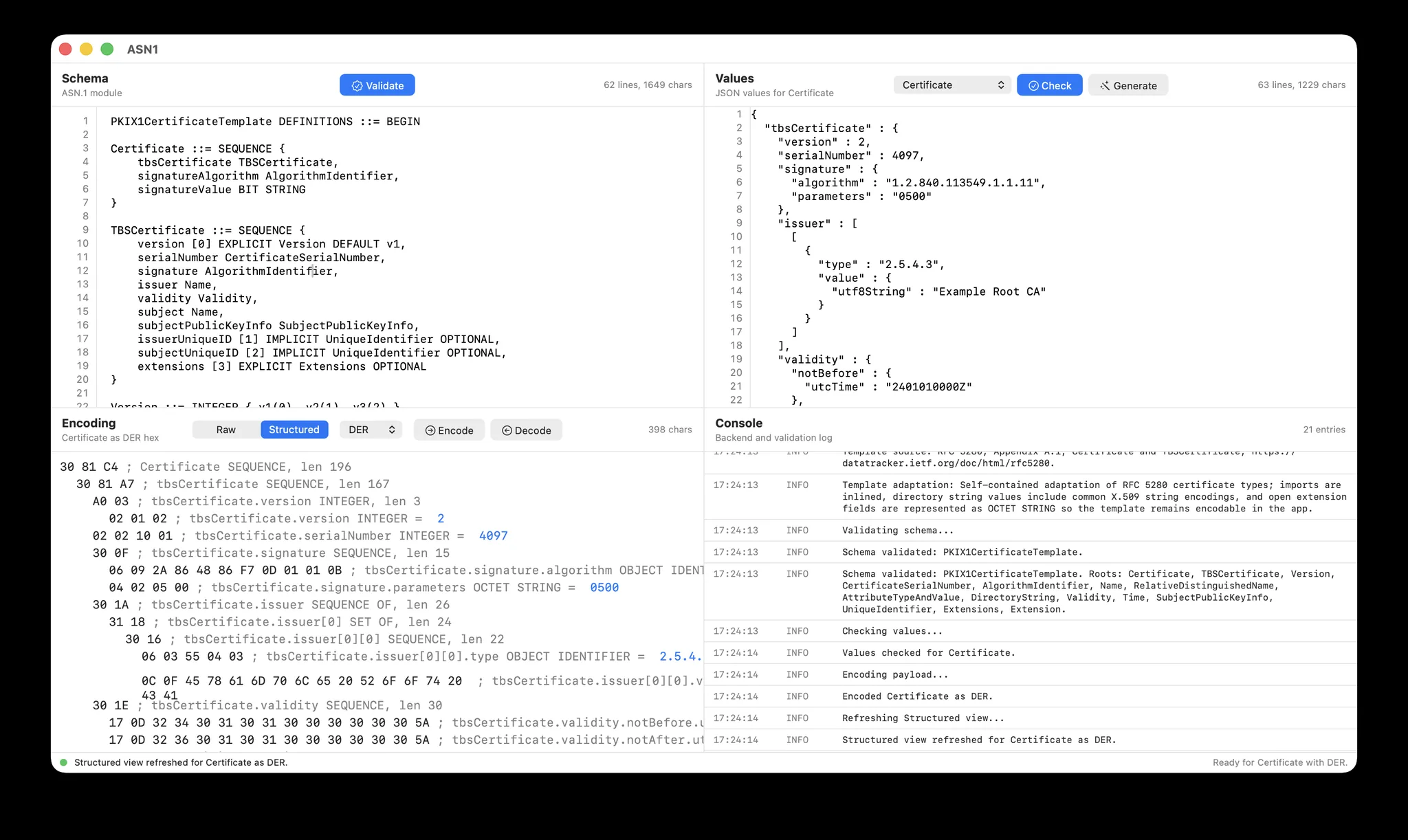 ASN1 workspace showing Schema, Values, Encoding, and Console panes.